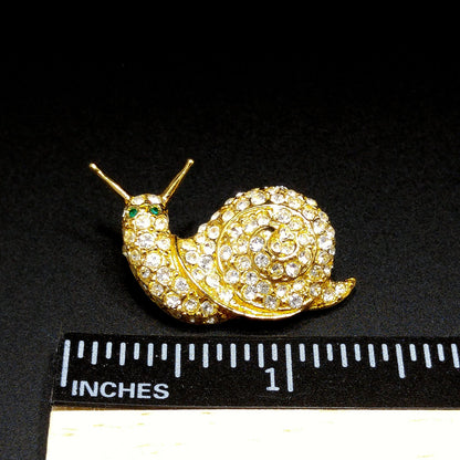Bijoux Cascio Snail Small Brooch, Pave Clear Rhinestones, Green Eyes, 1970s Vintage Jewelry