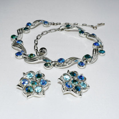 Blue Aurora Borealis Rhinestone Choker Necklace Earrings, Rhodium Plated, 1950s Vintage Jewelry