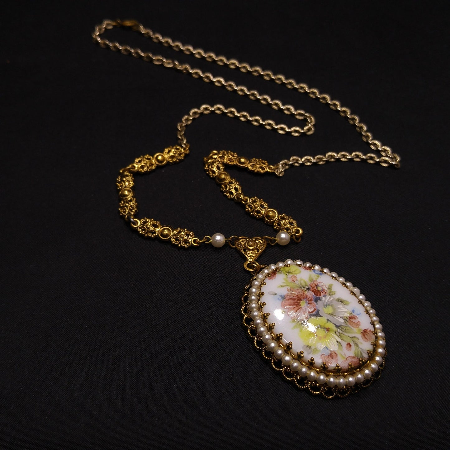West Germany Floral Ceramic Pendant Necklace, Faux Pearls, 1960s Vintage Jewelry