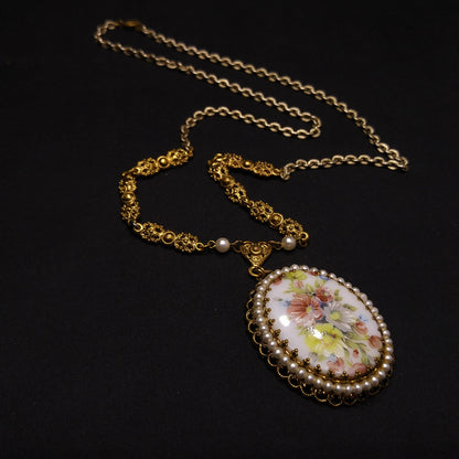 West Germany Floral Ceramic Pendant Necklace, Faux Pearls, 1960s Vintage Jewelry
