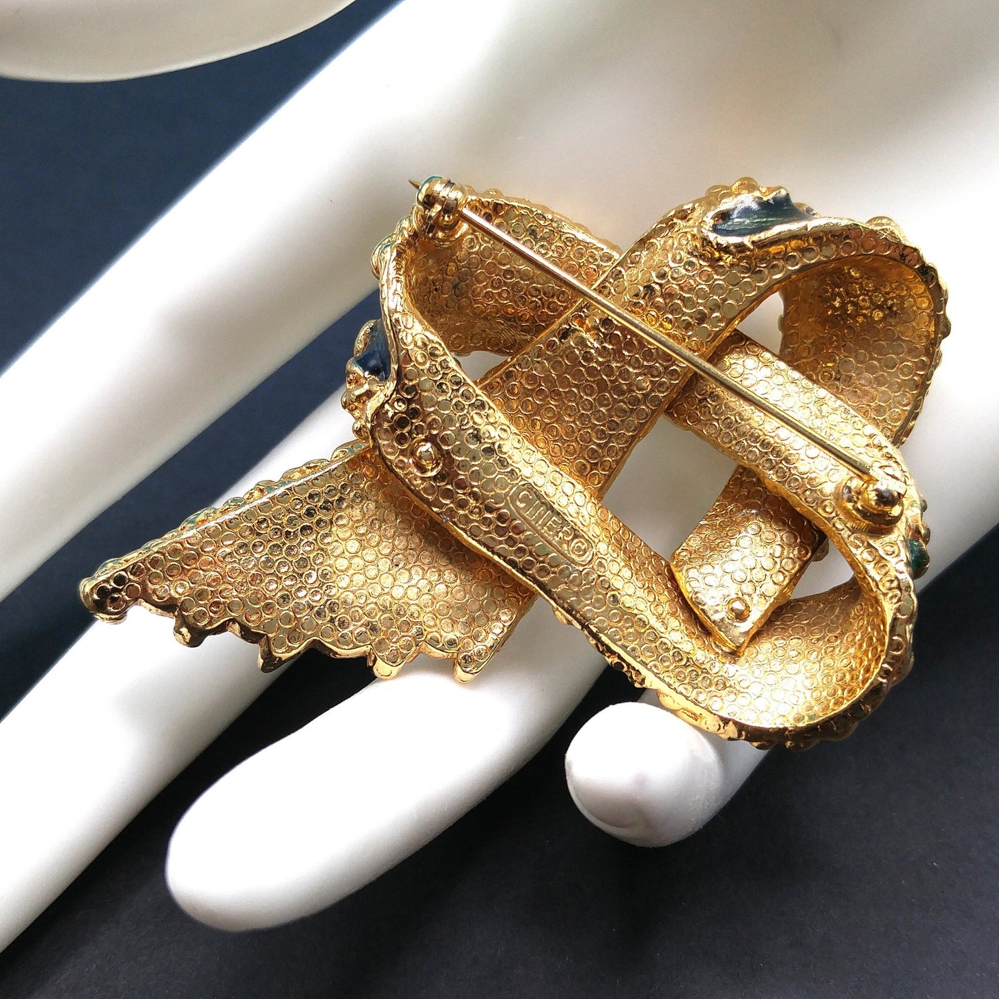 Vintage Ciner Blue Green Enamel Ribbon Brooch Textured Gold Signed 1960s