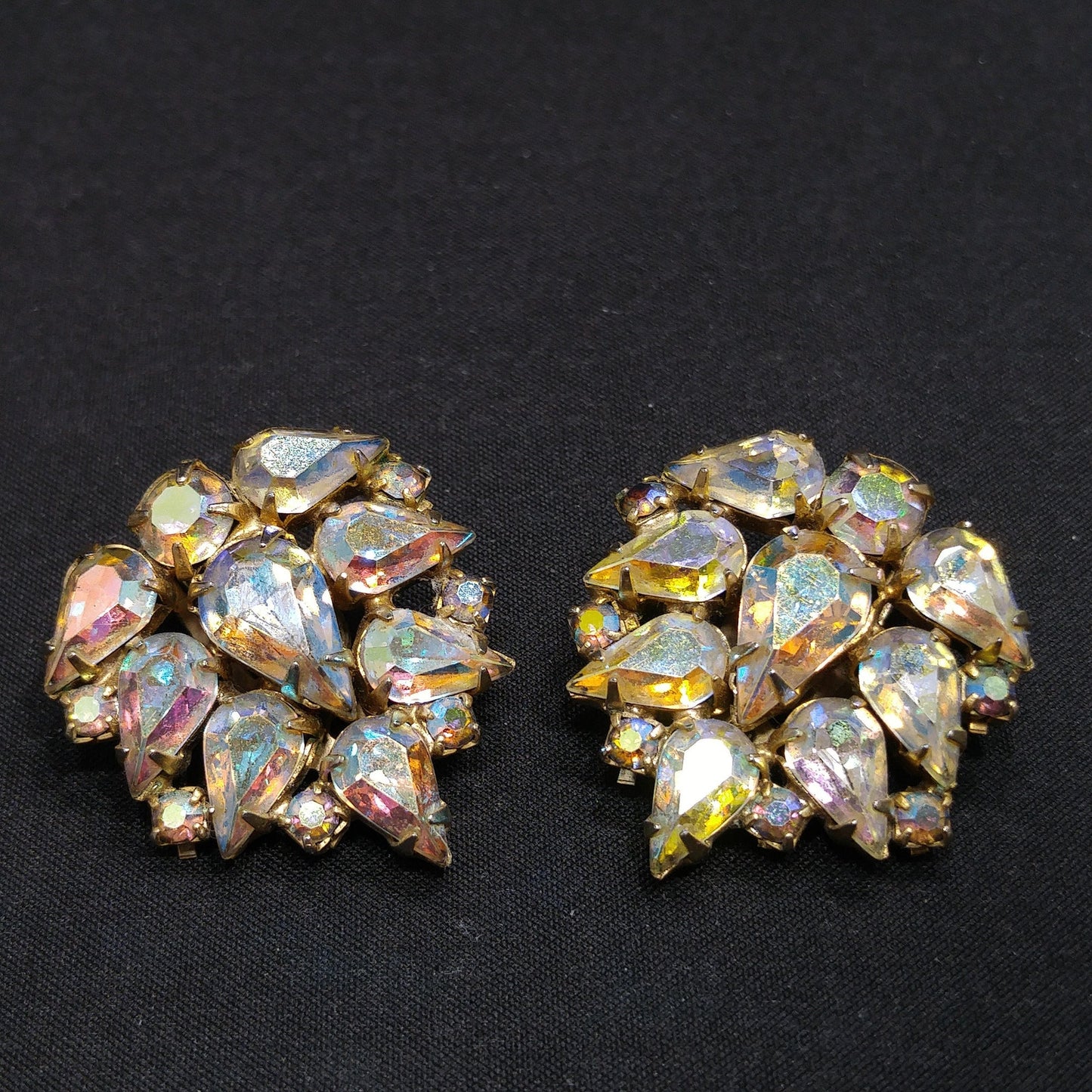 Weiss Aurora Borealis Teardrop Rhinestone Earrings, Gold Plated, 1950s Vintage Jewelry