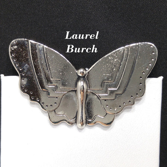 Laurel Burch Butterfly Brooch, Rhodium Plated, Black Enamel, 1980s Vintage Jewelry