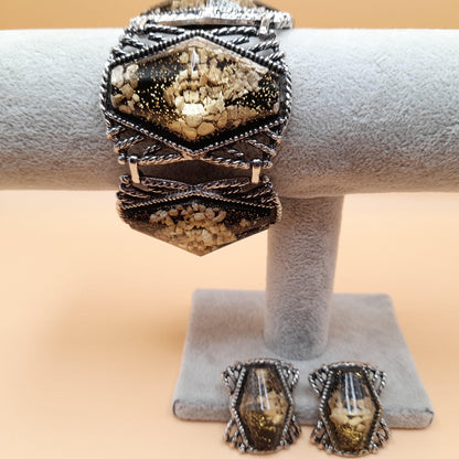 Vintage Unsigned Selro Selini Jewelry: Bracelet Earrings Set, Chunky Confetti Lucite, Clip Earrings, 1950s Vintage Jewelry