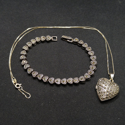 Marsala Silver Heart Locket Necklace & Bracelet, 925 Box Chain, 1980s Vintage Jewelry