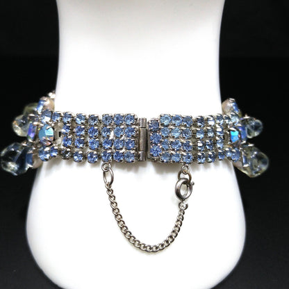 Light Blue AB Rhinestone Bracelet, Glass Dangle Clear Beads, Rhodium Plated, 1950s Vintage Jewelry