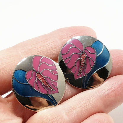 Vintage Laurel Burch "Antherium" Earrings Post Enamel Pink 1980s Vintage Jewelry