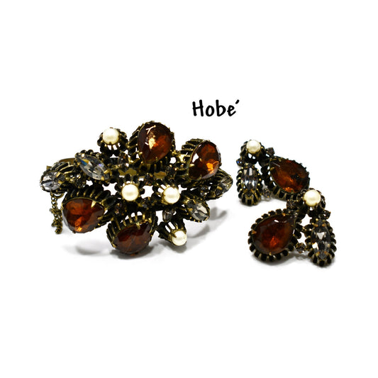 Hobe' Rhinestone Cuff Bracelet & Clip Earrings, Topaz Clear Rhinestone, Faux Pearls, 1950s