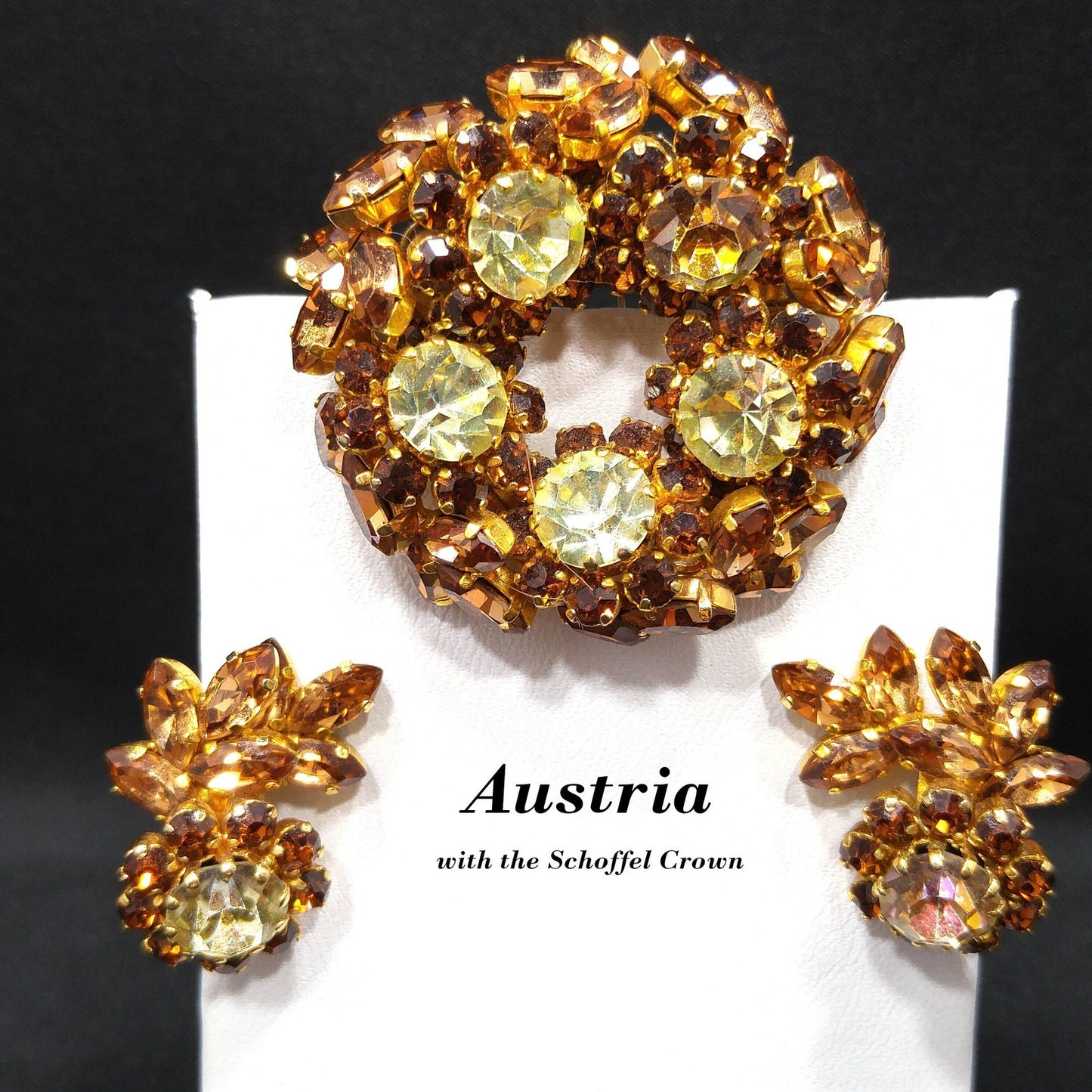 Schoffel Austria Topaz Jonquil Rhinestone Brooch & Earrings, Gold Plated, 1950s Vintage Jewelry