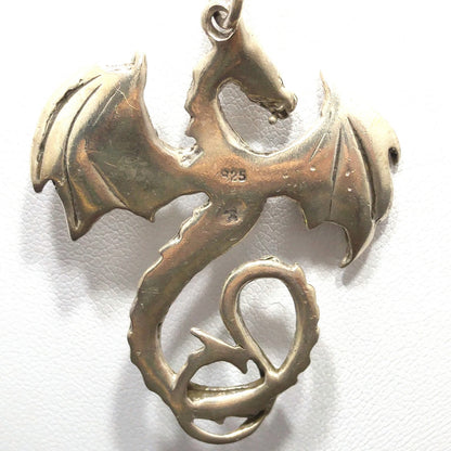 Silver Dragon Pendant Necklace, 925 Italy Snake Chain, 1970s Vintage Jewelry