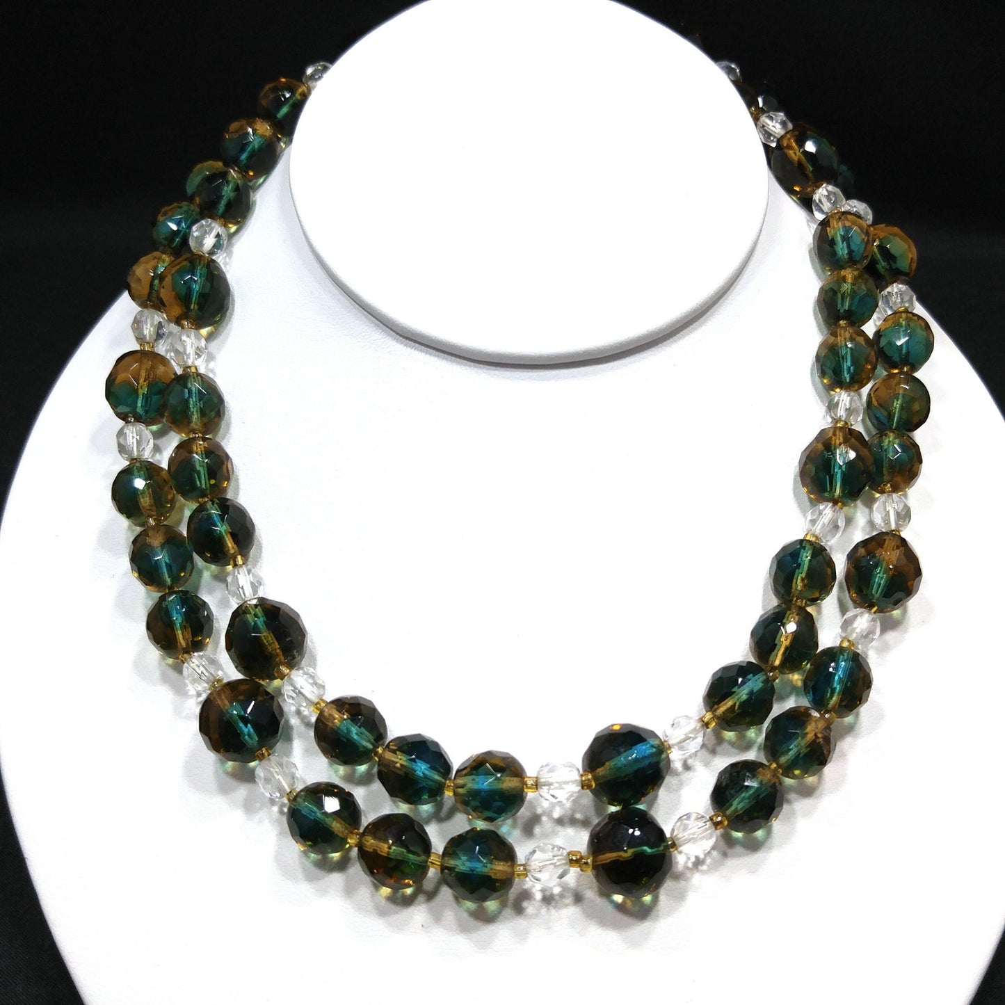 Vintage Czech Two Toned Glass Bead Long Necklace, Teal & Topaz Faceted Beads, 1970s Vintage Jewelry