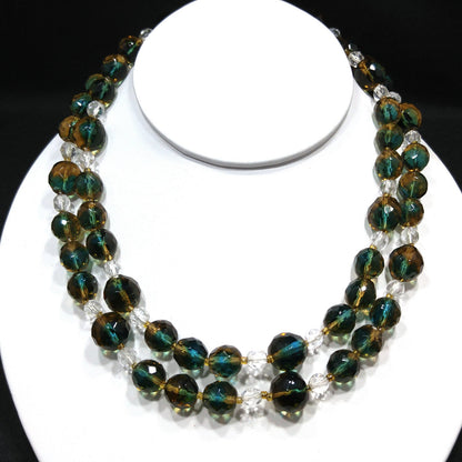 Vintage Czech Two Toned Glass Bead Long Necklace, Teal & Topaz Faceted Beads, 1970s Vintage Jewelry