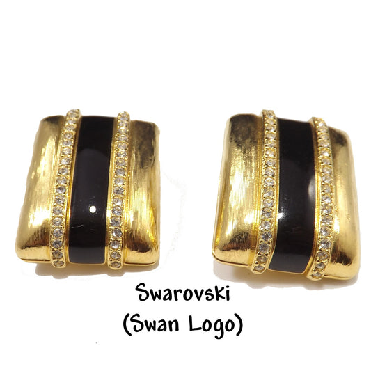 Vintage Swarovski Gold Black Enamel Clip Earrings, Crystal Rhinestones Swan Logo