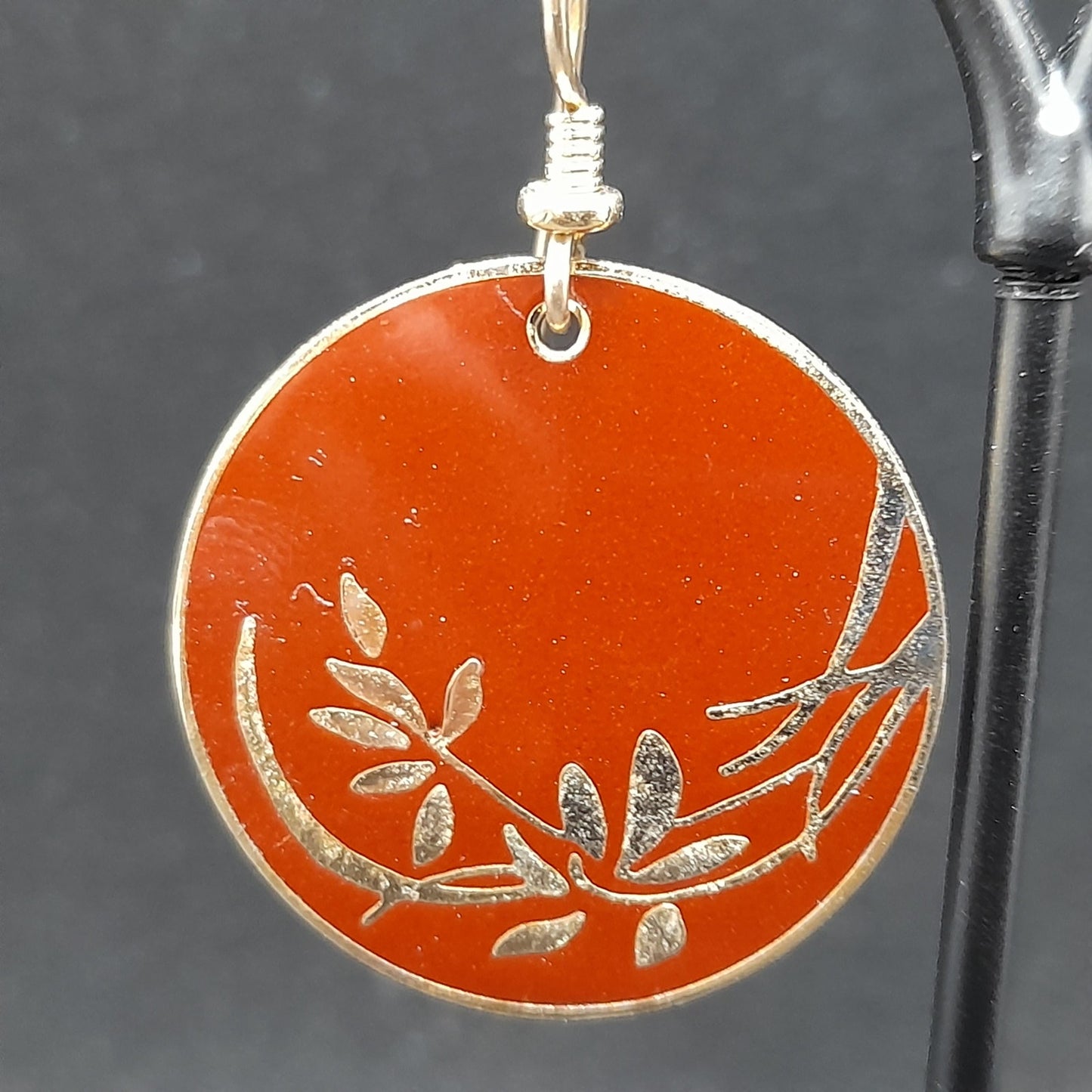Vintage Laurel Burch Floral Drop Earrings, Red Brown Enamel, Gold Plated