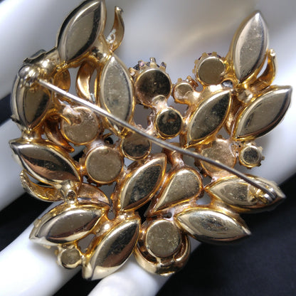 Designer Art Glass Rhinestone Brooch, Carnival Glass, Gold Plated, 1950s Vintage Jewelry
