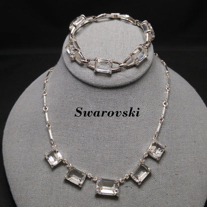 Vintage Swarovski Swan Logo Emerald Cut Crystal Necklace & Bracelet Set 1990s