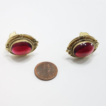 Vintage Whiting & Davis Co Red Gold Clip Earrings 1960s Gold Tone, Red Cabochon
