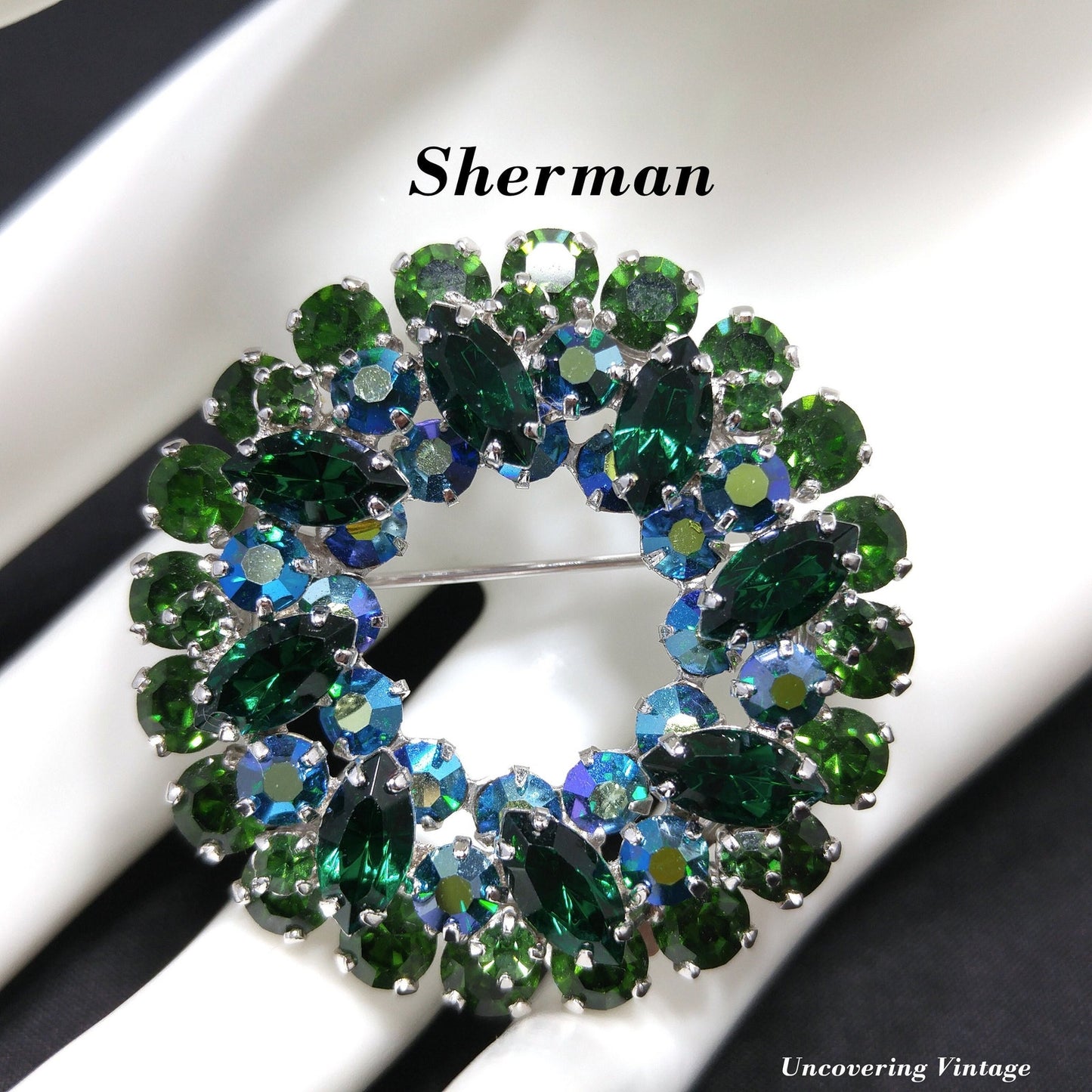 Sherman 1960s Emerald & Peacock Green Rhinestone Wreath Brooch | Aurora Borealis | Rhodium Plated Vintage Jewelry