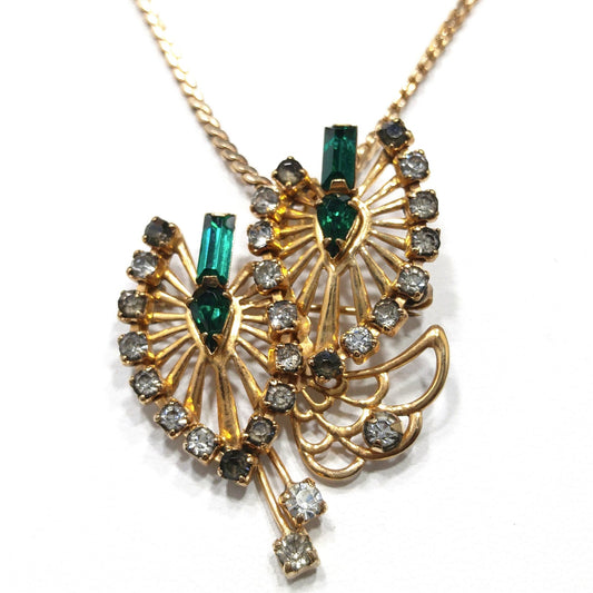 Phyllis Originals Green Rhinestone Pendant Brooch Necklace, Gold Filled, Paper Tag, 1950s Vintage Jewelry