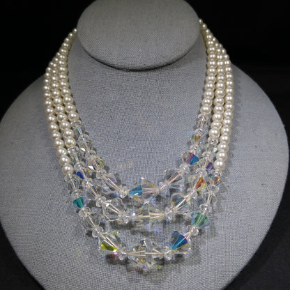 Faux Pearl AB Crystal Beaded Necklace, 3 Strands, 1950s Vintage Jewelry