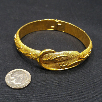 Crown Trifari Floral Hinged Bracelet, Gold Plated, 1950s Vintage Jewelry