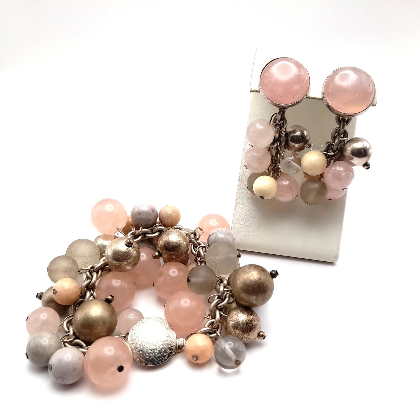 Susan Cummings Beaded Clip Earrings & Bracelet, Sterling Silver, Gemstone Beads