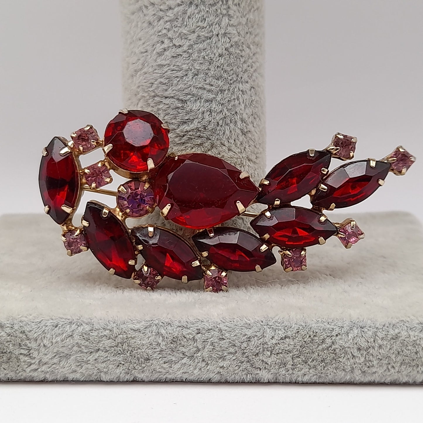 Vintage Red Pink Rhinestones Floral Spray Gold Plated Brooch Pin, 2 1/2 Inches