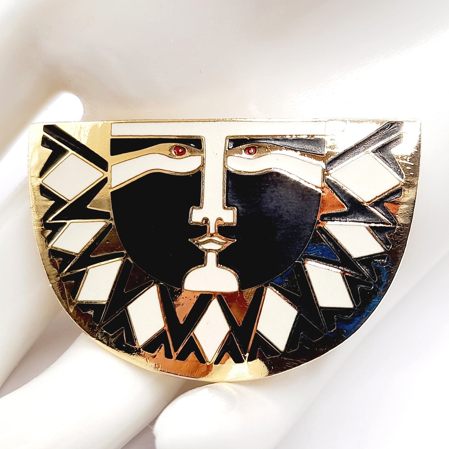 Vintage Laurel Burch Sunface Brooch, Black White Enamel Gold Plated Pin, 1980s Cloisonné Jewelry, Artistic Statement Accessory 1 3/4 Inch