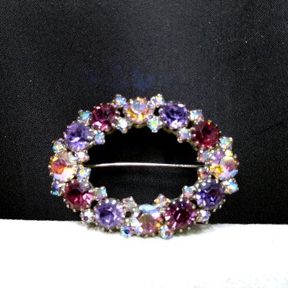 Oval Purple Aurora Borealis Lavender Rhinestone Brooch, Dog-toothed Prong Set, 1960s Vintage Jewelry