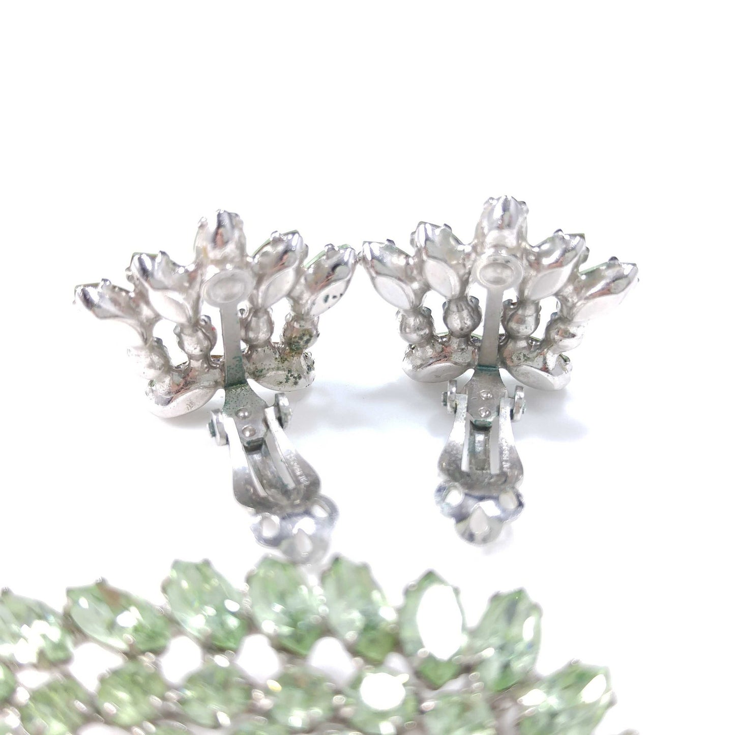 B. David Peridot Rhinestone Brooch & Earrings, Silver Tone, 1950 Vintage Jewelry