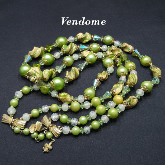 Vendome Green Beige Art Beads, Green AB Cone Crystal Beads, 1960s Vintage Jewelry