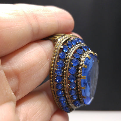 Czech Blue Glass & Rhinestone Dress Clip, 1940 Vintage Jewelry
