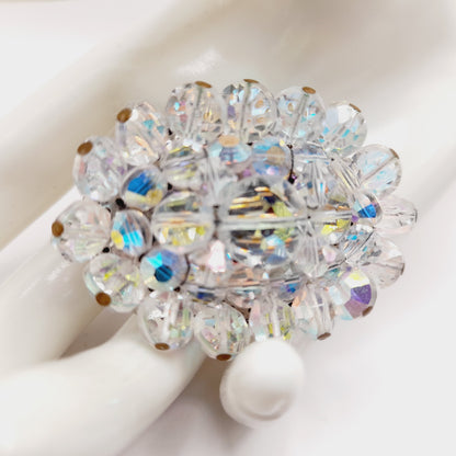 Vintage 1960s Crystal Aurora Borealis Faceted Bead Oval Brooch – 2 Inch Pin