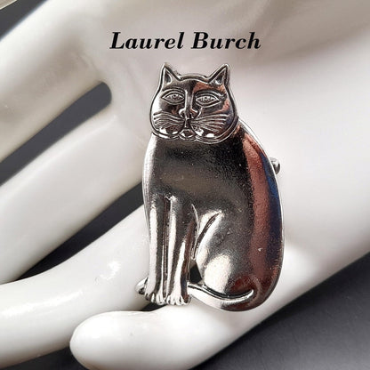 Vintage Laurel Burch Cat Brooch, Rhodium Plated, 1980s Vintage Jewelry