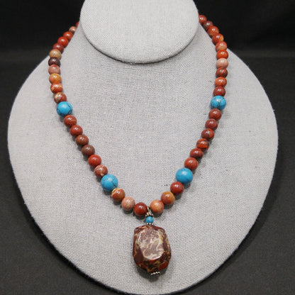 Gemstone Pendant Beaded Necklace, Red Jasper, 1980s Vintage Jewelry