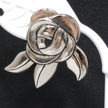 Vintage Laurel Burch Deco Rose Earrings, Rhodium Plated, Black Enamel, 1980s