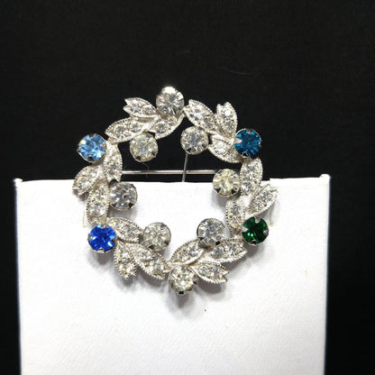 Eisenberg Rhinestone Wreath Brooch, Rhodium Plated, 1950s Vintage Jewelry