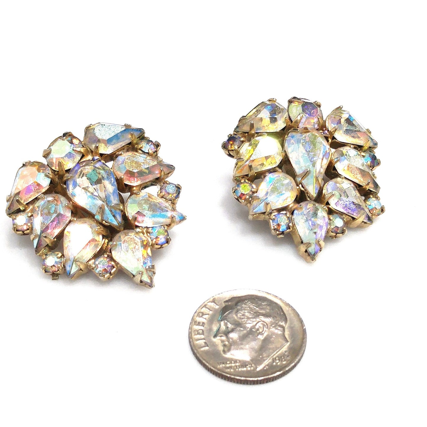 Weiss Aurora Borealis Teardrop Rhinestone Earrings, Gold Plated, 1950s Vintage Jewelry