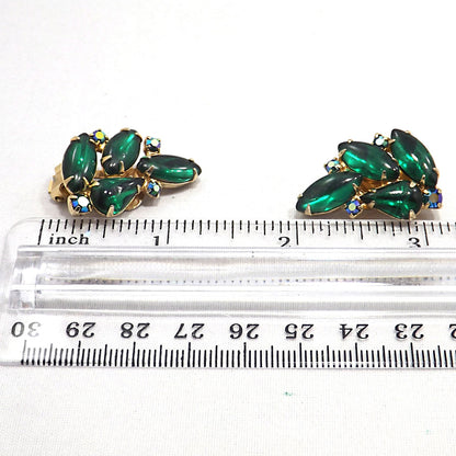 Vintage WEISS Green Clip Earrings, Gold Plated Green AB Rhinestones, 1960s