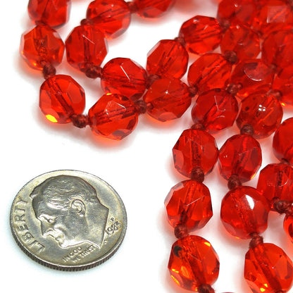 Vintage Red Crystal Hand Knotted Long Necklace, 62 Inches, No Clasp, 1960s Vintage Jewelry