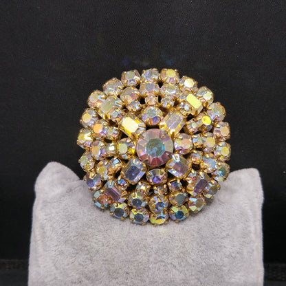 Aurora Borealis Clear Rhinestone Domed Brooch, 1960s Vintage Jewelry