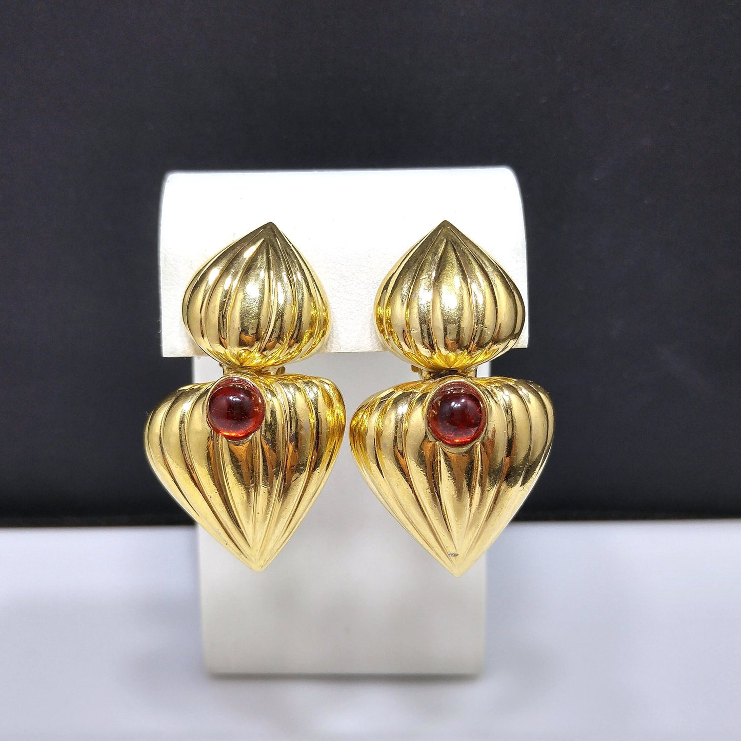 Vintage CINER Heart Drop Earrings, Red Cabochon, Gold Plated, 1980s