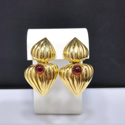 Vintage CINER Heart Drop Earrings, Red Cabochon, Gold Plated, 1980s
