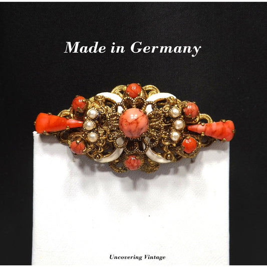 Germany Orange Art Glass Filigree Brooch, Faux Pearls, White Enamel, 1940s Vintage Jewelry