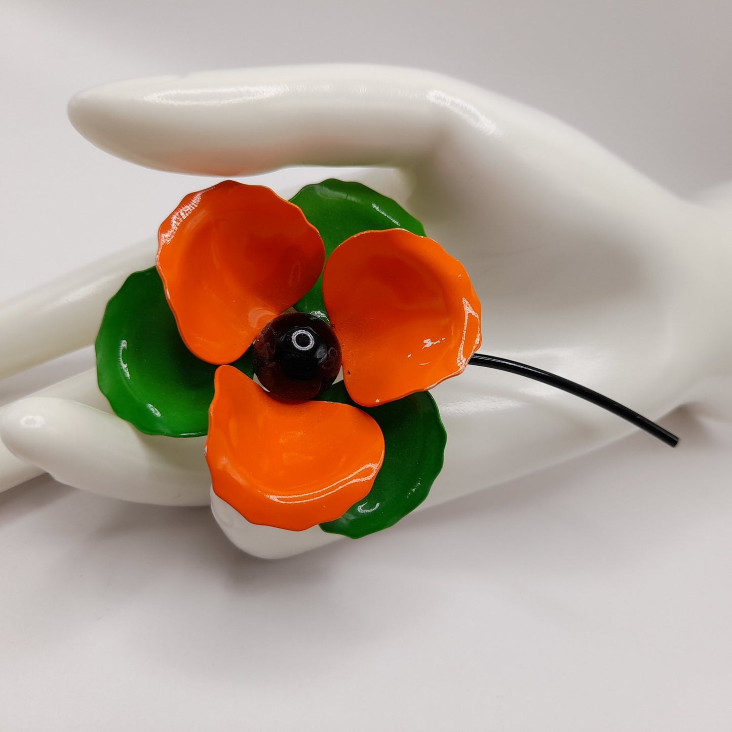 Vintage 1960s Orange Green White Enamel Flower Brooch with Stem, 4 Inches