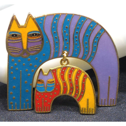 Laurel Burch "Mr. Jio's Cat" Brooch with Dangling Cat Charm, Gold Plated, Cloisonne Enamel, 1980s Vintage Jewelry