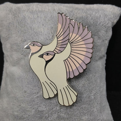 Vintage Laurel Burch "Hummingbirds" Pendant Brooch, White Gold Cloisonne, 1980s