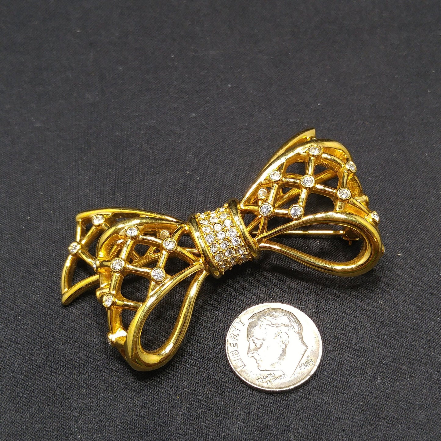 Swarovski Gold Bow Brooch, Clear Rhinestones, Vintage 1980s Jewelry