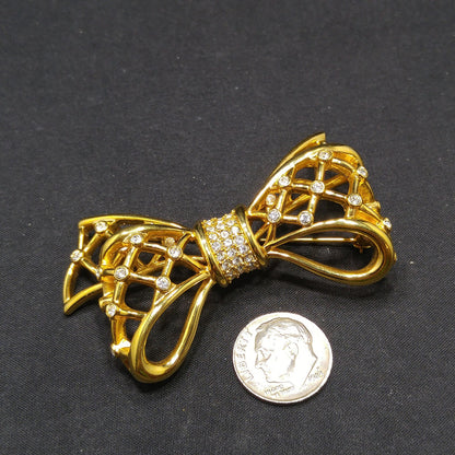 Swarovski Gold Bow Brooch, Clear Rhinestones, Vintage 1980s Jewelry