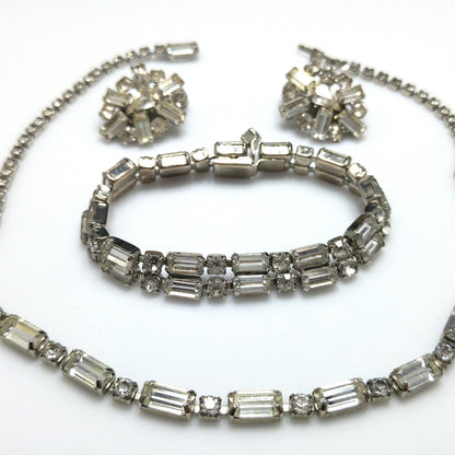 Vintage Weiss Earrings Bracelet & Necklace, Clear Rhinestones, Rhodium Plated